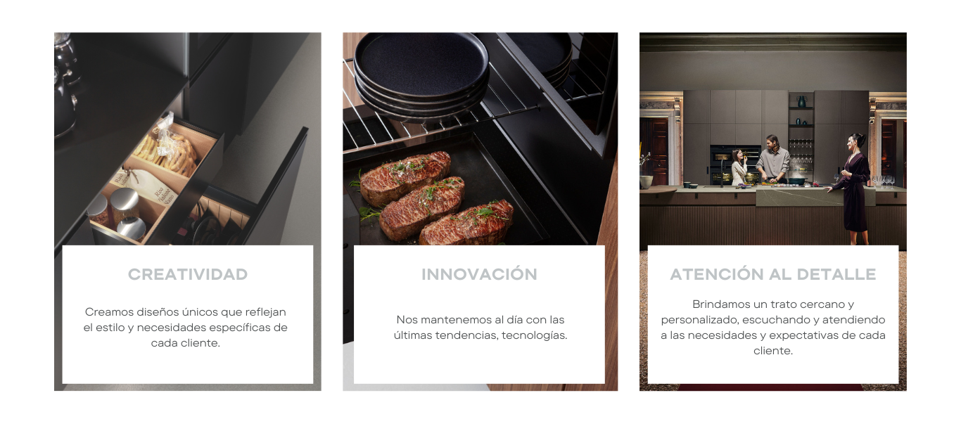 Tres imágenes seguidas: el interior de un armario negro, comida cocinándose en un horno y una escena de cocina.