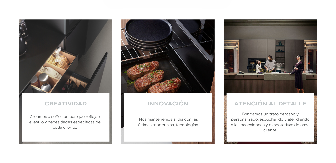 Tres imágenes seguidas: el interior de un armario negro, comida cocinándose en un horno y una escena de cocina.