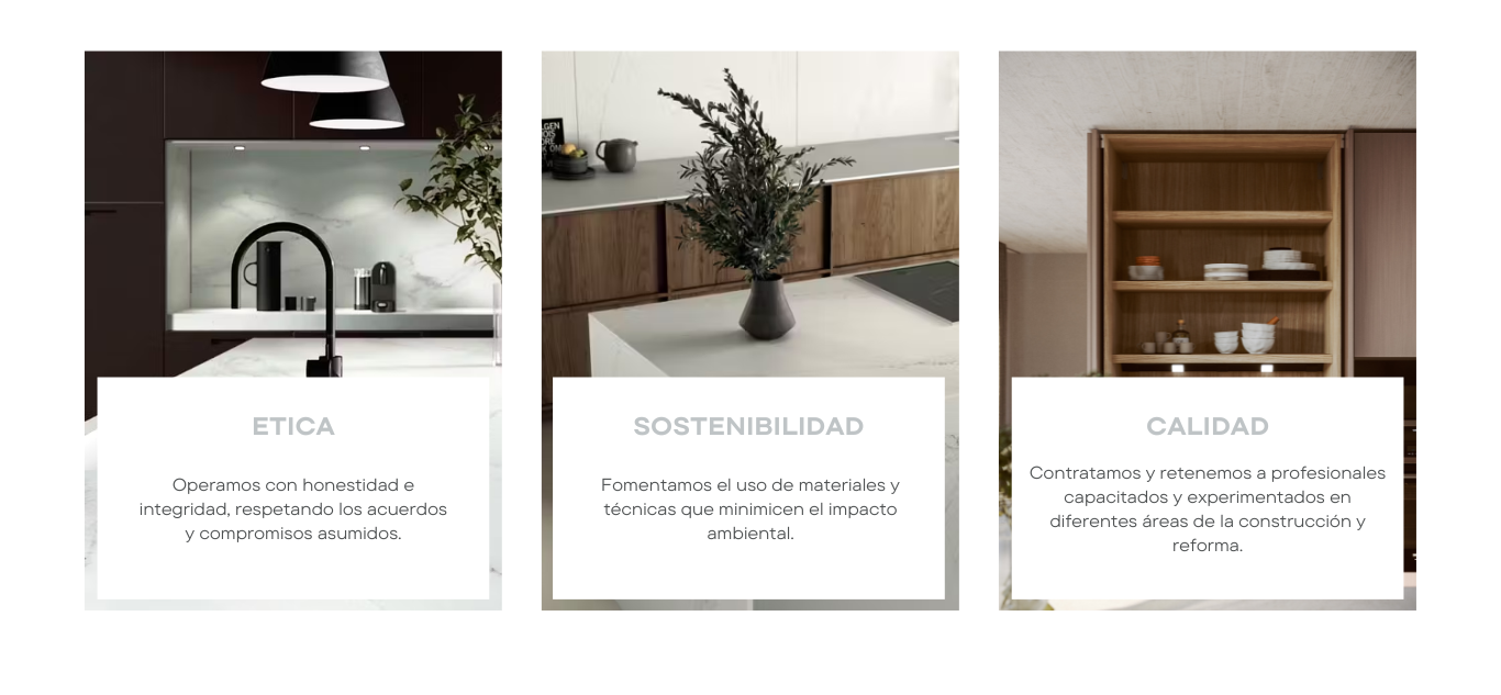 Tres imágenes de diseño de cocina con superposiciones de texto que resaltan el estilo, la sostenibilidad y la calidad.