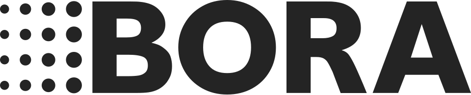 Logotipo de BORA: texto negro con un patrón de círculos negros en el lado izquierdo.