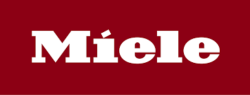 Logotipo de Miele, texto blanco sobre fondo granate.