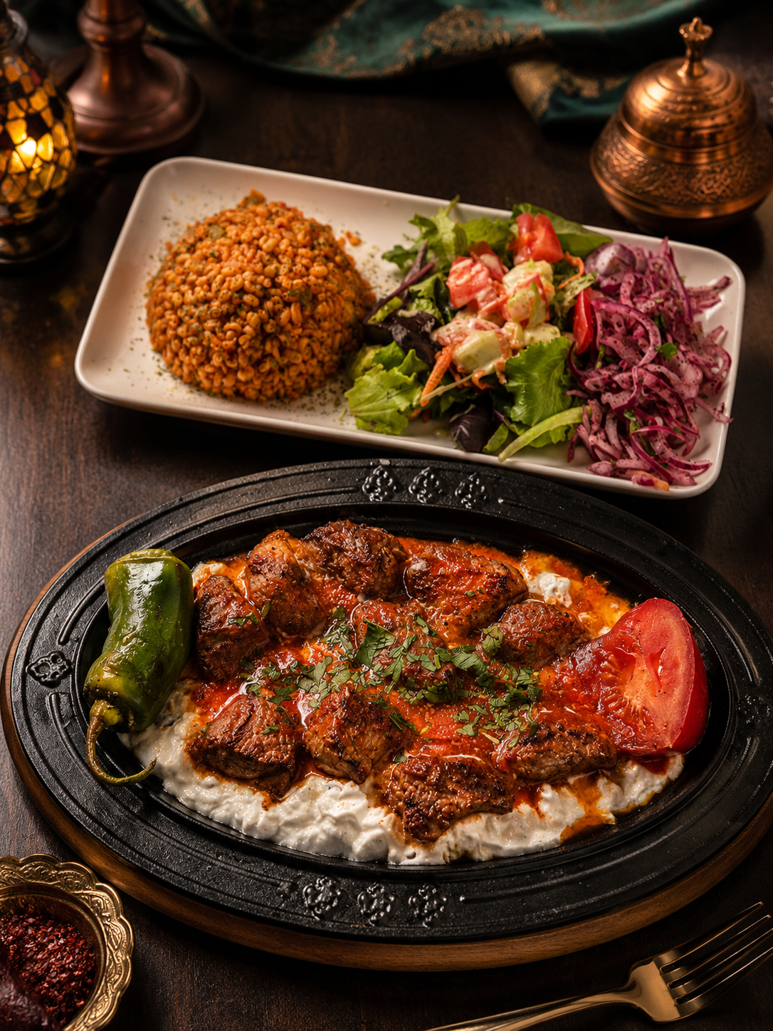 Plat du Moyen-Orient composé de viande grillée, de riz, de salade et de légumes marinés, servi sur une table sombre.