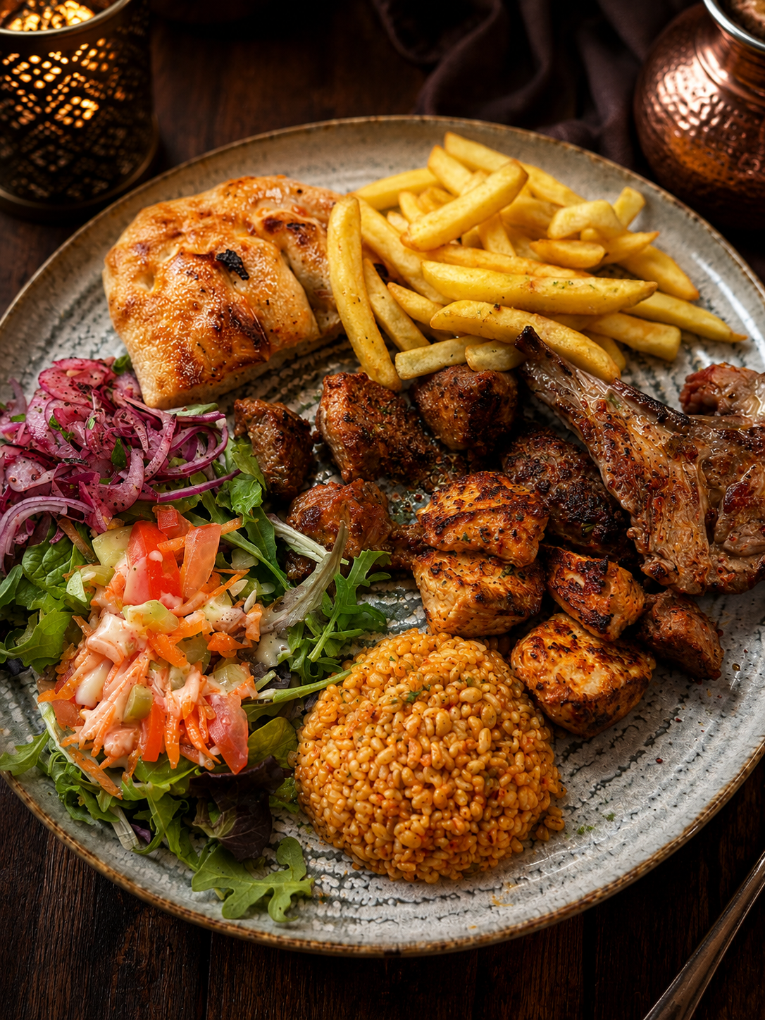Poulet grillé et frites avec riz, salade et bananes plantains dans une assiette.