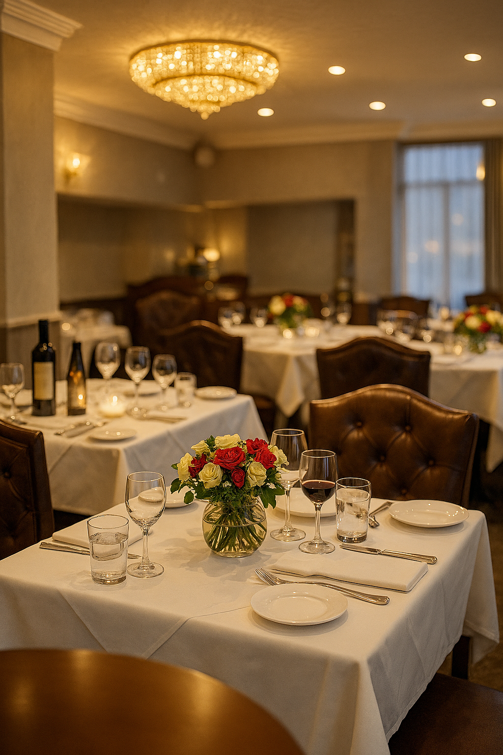 Salle à manger élégante d'un restaurant avec tables dressées, verres à vin, centres de table floraux et éclairage chaleureux d'un lustre.