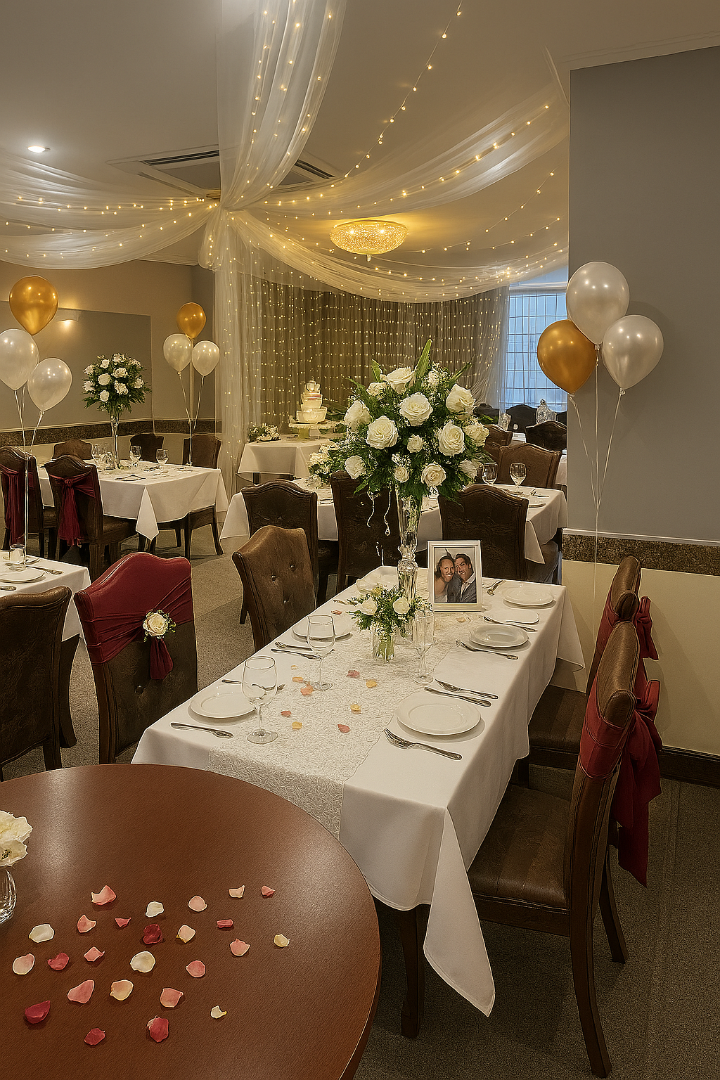 Élégante salle de banquet avec tables décorées, tentures blanches, ballons dorés et centres de table floraux.