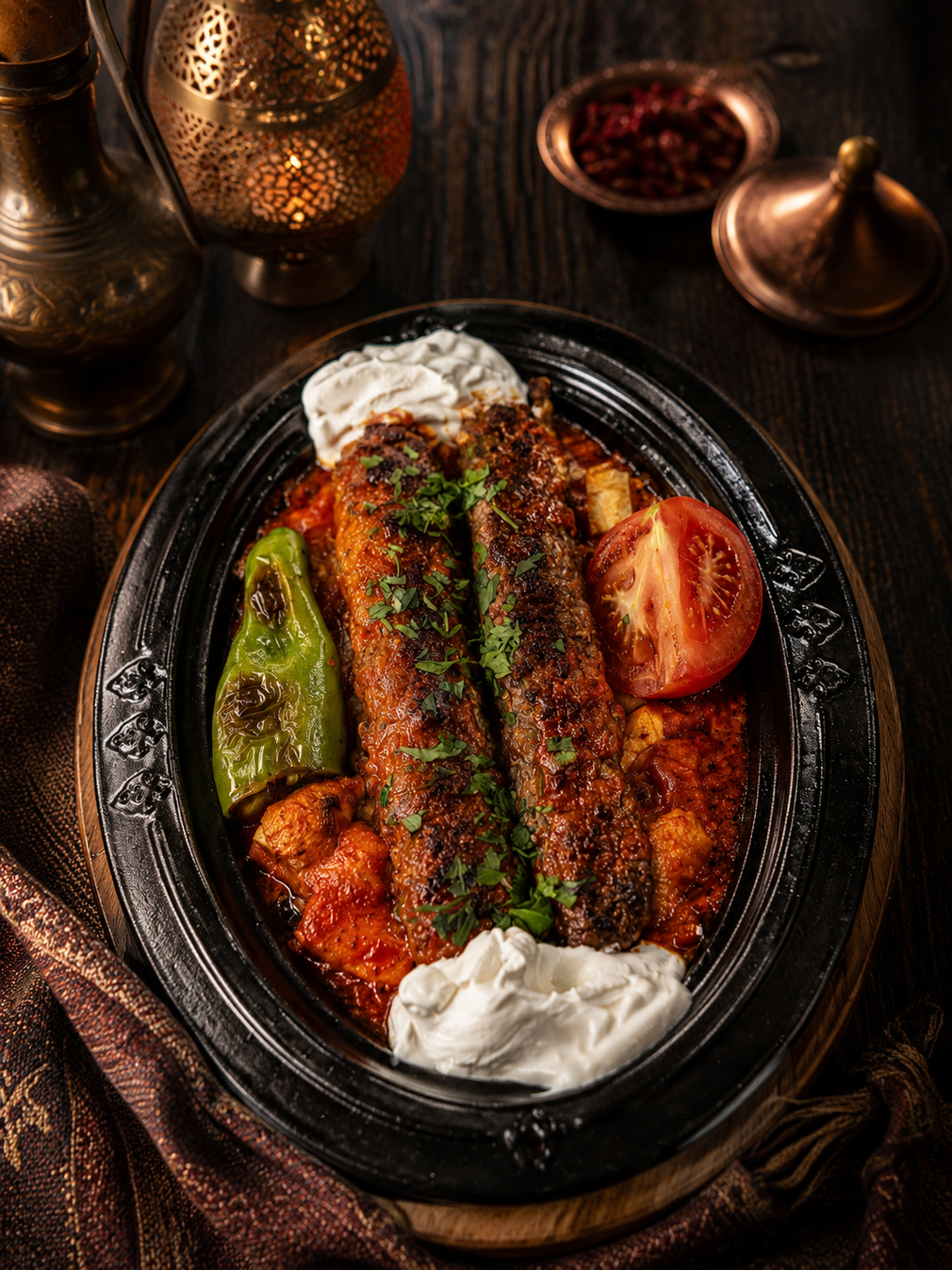 Poisson grillé aux épices sur une assiette noire avec des sauces, entouré de plats de service en cuivre chaud.