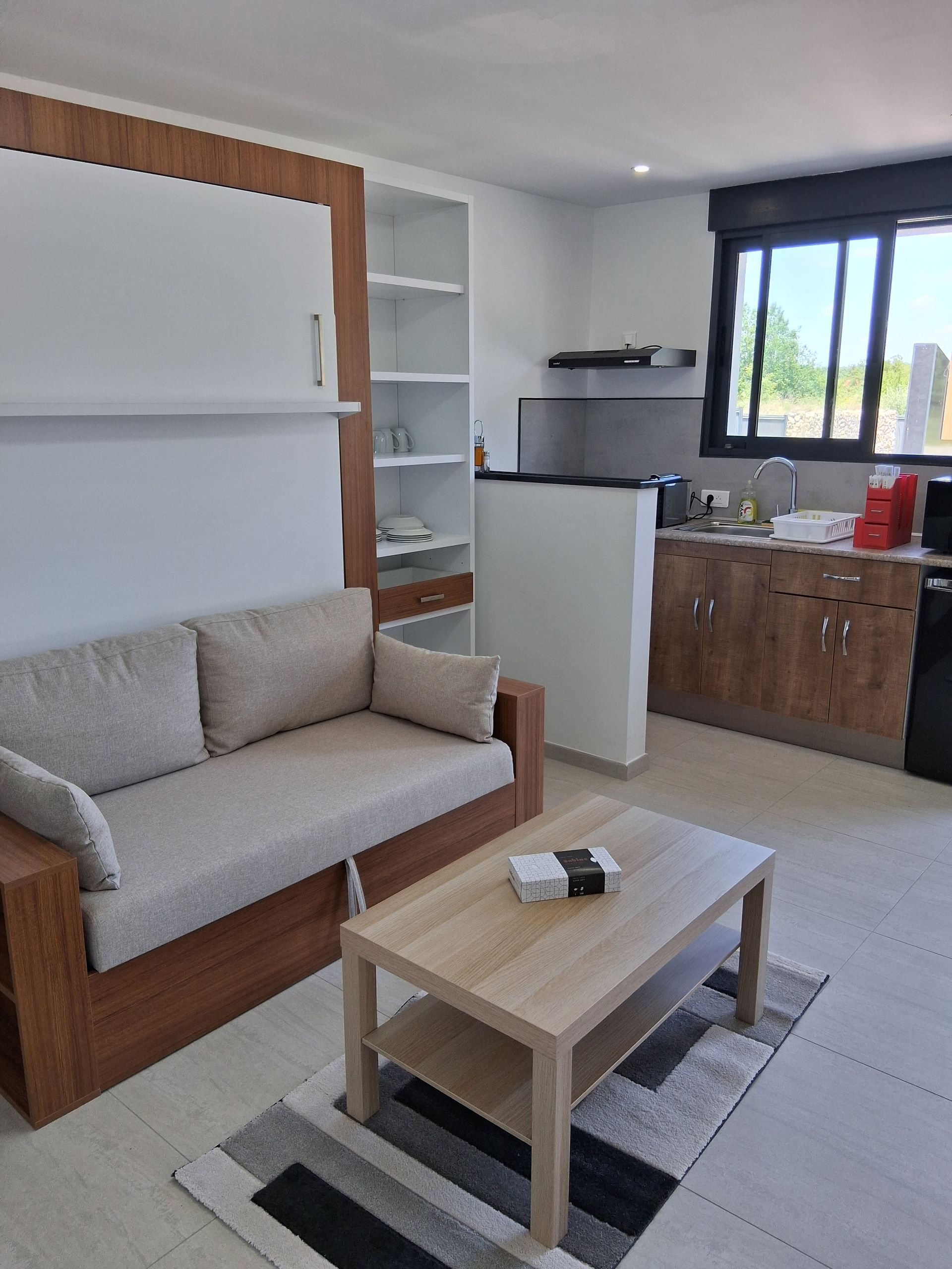 Table, rangements et canapé