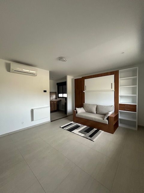 Pièce de vie avec canapé lit et kitchenette