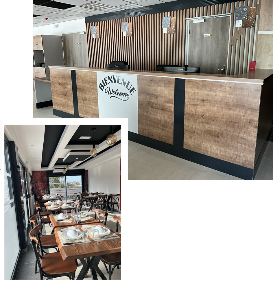 Montage avec la réception de l'hôtel et la salle de petit déjeuner