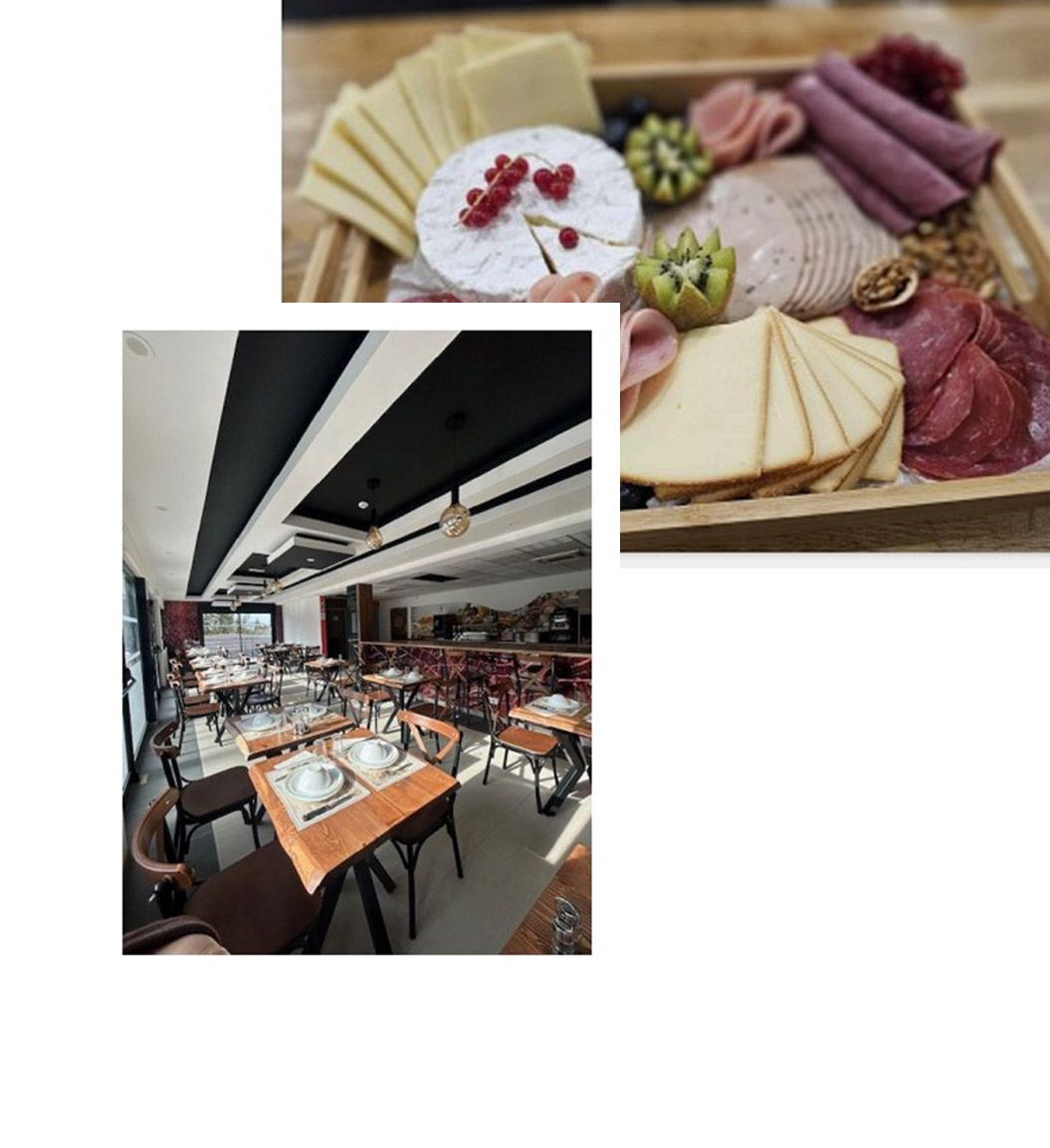 Salle de restaurant et assiette de fromage et de charcuterie