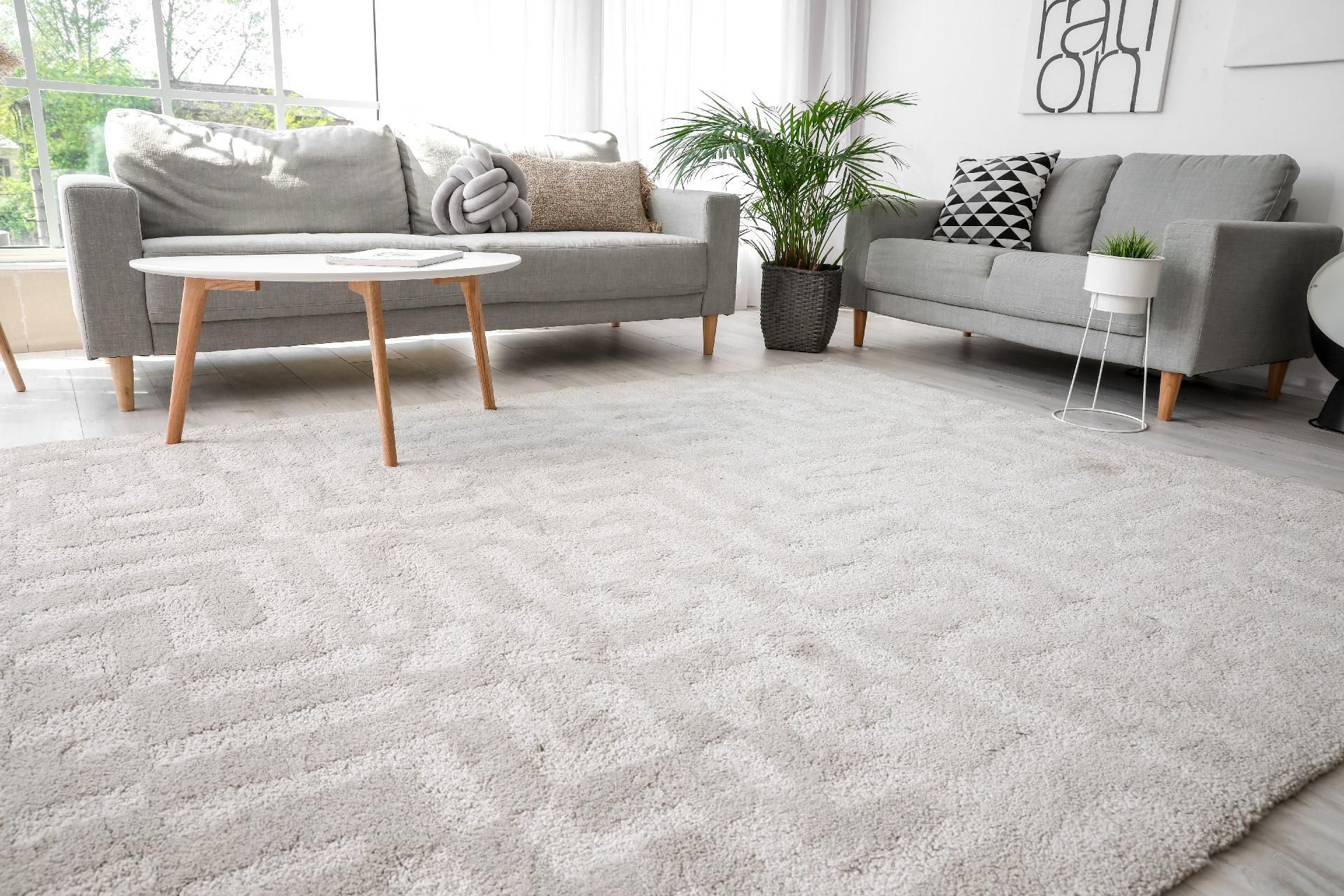 Stilvolles Wohnzimmerinterieur mit Teppich und Sofas.