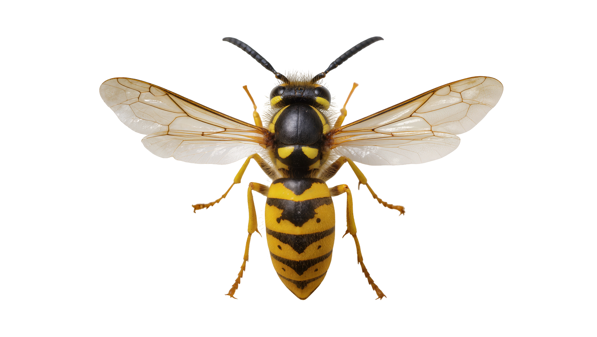 Guêpe jaune et noire aux ailes translucides sur fond blanc