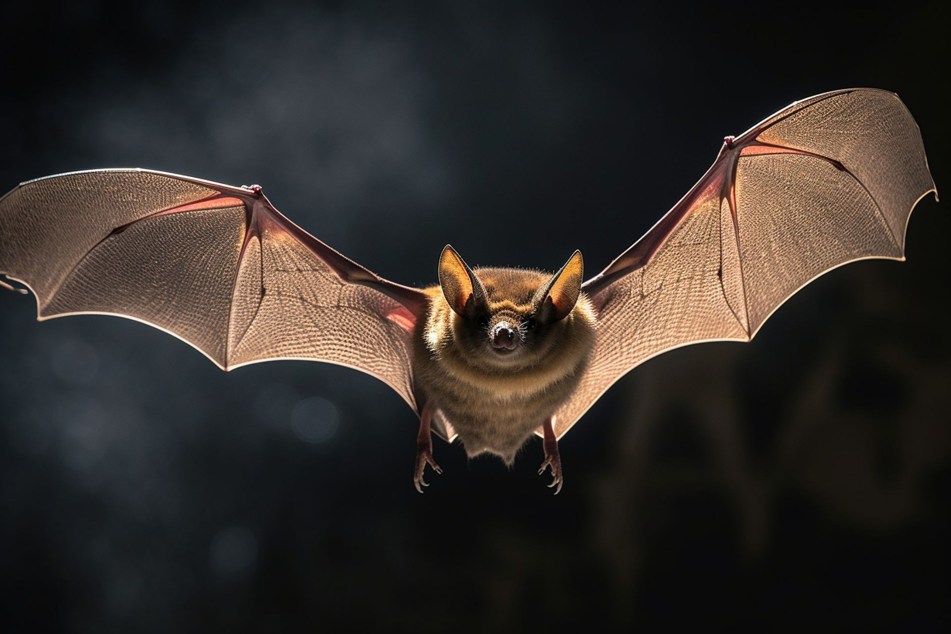 Chauve-souris brune volant vers la caméra, ailes déployées sur fond sombre