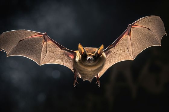 Une chauve-souris volant vers la caméra, ailes déployées, sur fond sombre.