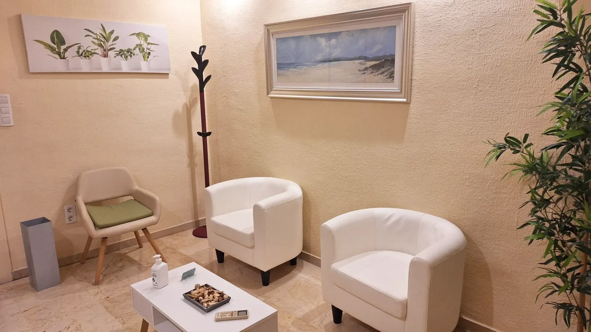 Una sala de espera con dos sillas y una mesa de café.