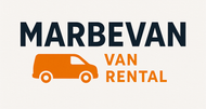 Logotipo para alquiler de furgonetas Marbevan: texto negro "MARBEVAN" sobre la silueta de una furgoneta naranja y el texto "VAN RENTAL".