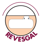 Un logotipo con un objeto rectangular blanco dentro de un círculo, con REVESGAL escrito debajo.
