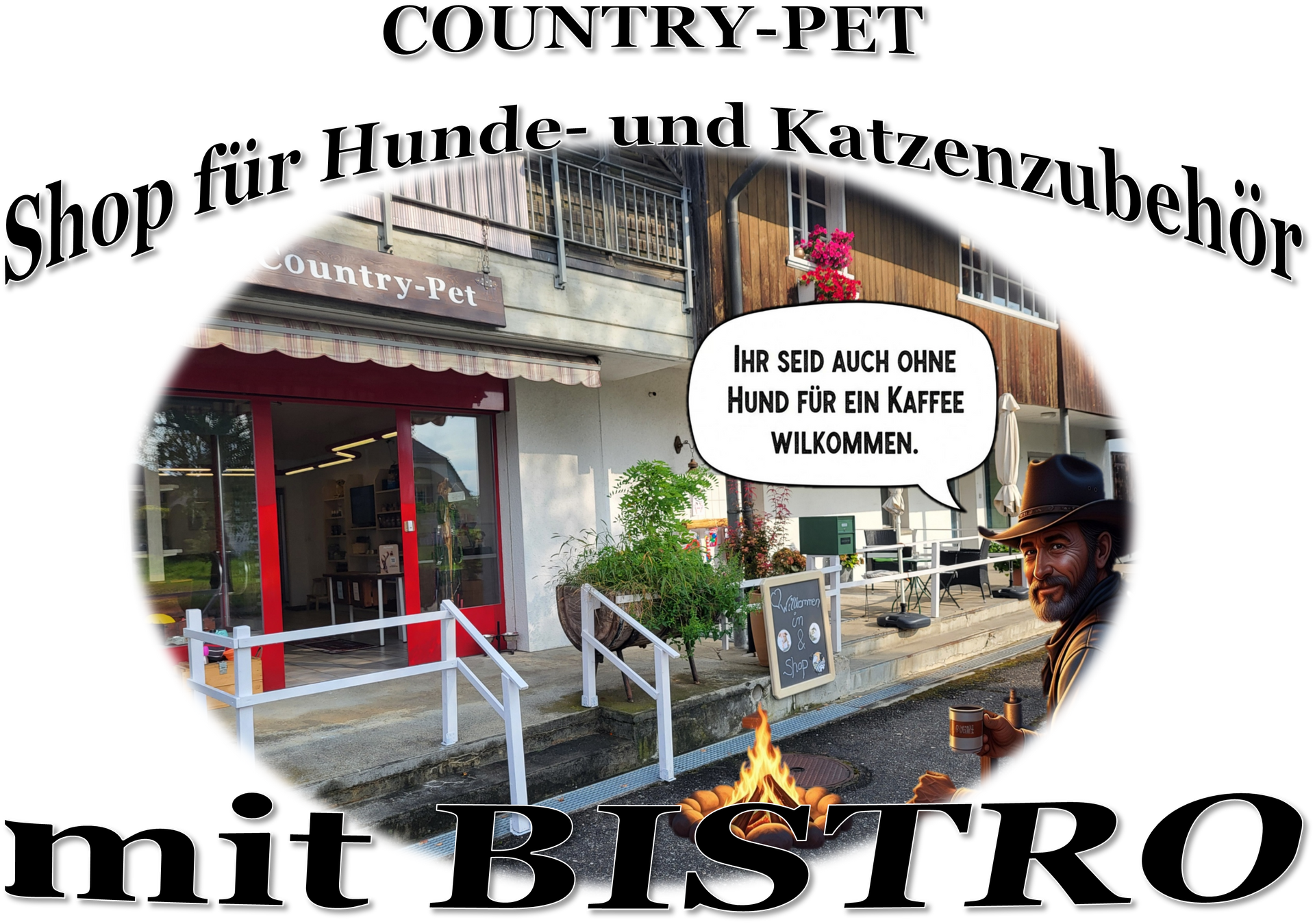 Eine Tierhandlung auf dem Land mit einem bunten Regenschirm davor