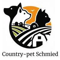 Das Logo von Country-Pet Schmied zeigt einen Hund, eine Katze und eine Scheune.