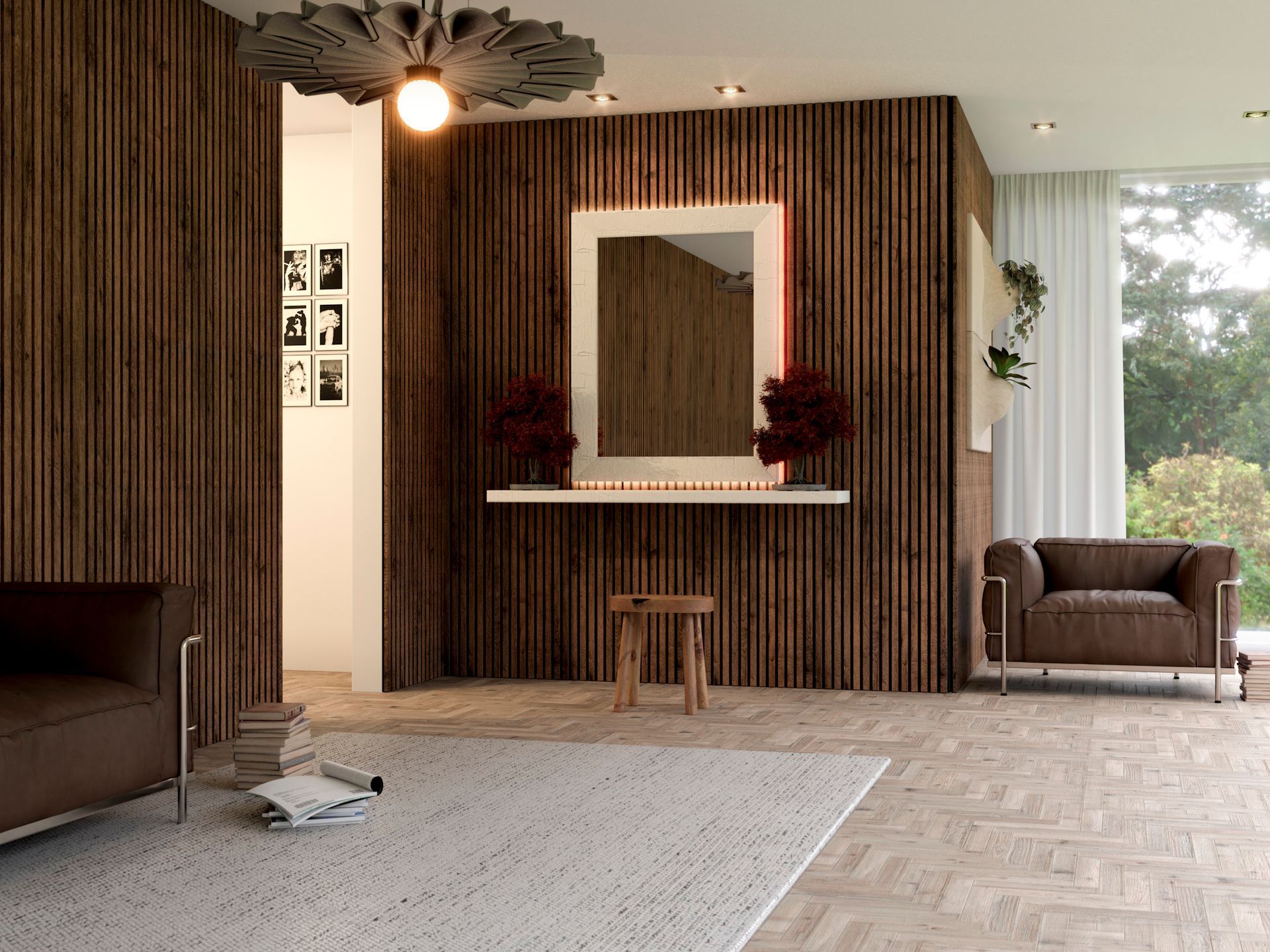 Una sala de estar con un sofá, una silla y un espejo.