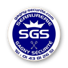 Design circulaire bleu et blanc avec SGS à l'intérieur, une couronne et des clés croisées