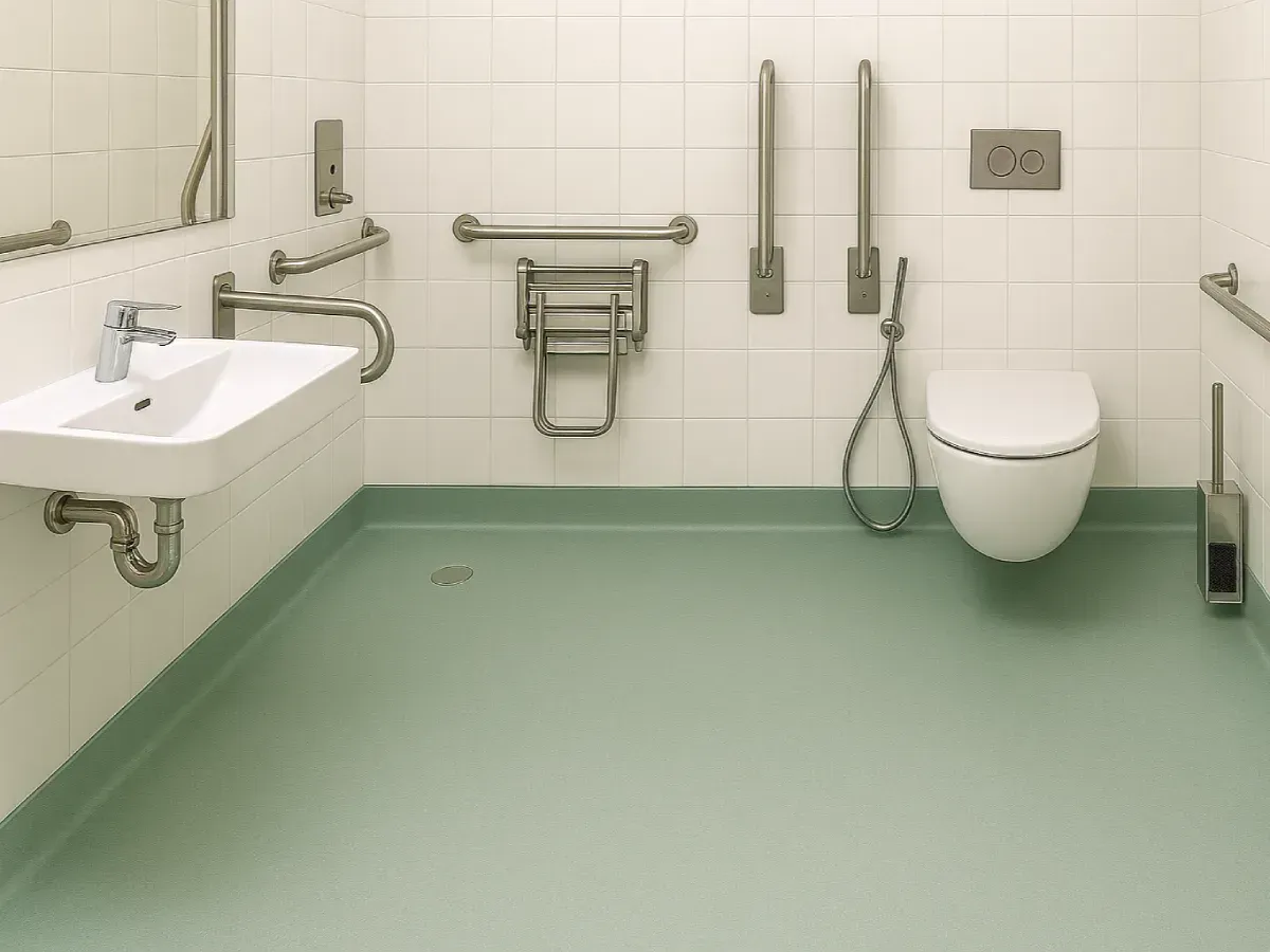 Interior de oficina con escritorio blanco, silla y alfombra estampada azul marino.
