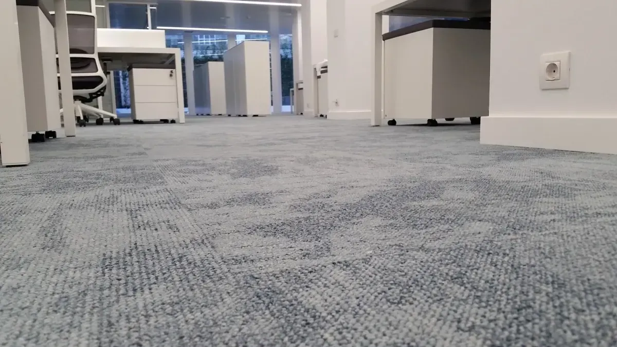 Alfombra azul en una oficina luminosa con escritorios y armarios blancos.
