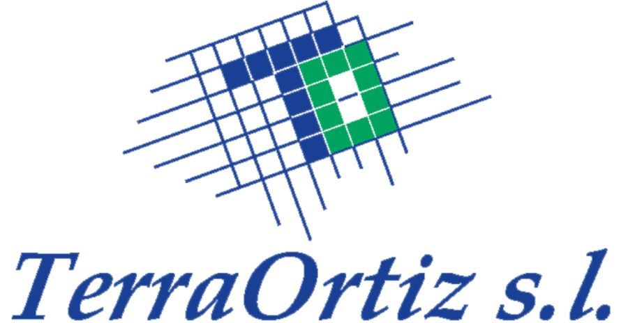 Logotipo de Terra Ortiz sl: Letra "T" geom&eacute;trica azul y verde sobre una cuadr&iacute;cula de l&iacute;neas azules