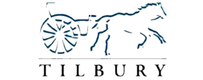 Un logotipo de Tilbury con un caballo tirando de una rueda.