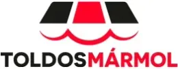 Un logotipo rojo y negro para toldos marmol.