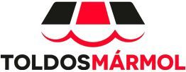 Un logotipo rojo, negro y blanco para toldos marmol.