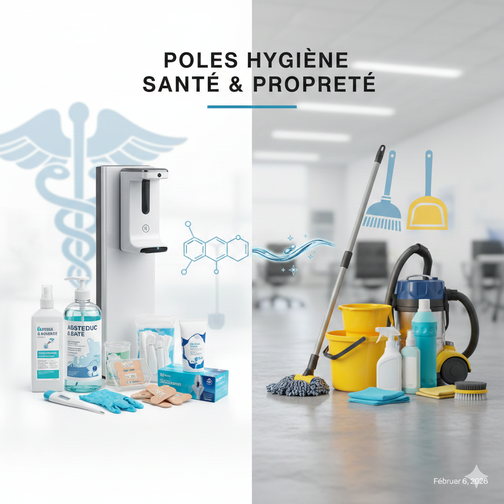 Produits d'hygiène, de santé et de propreté : désinfectant pour les mains, fournitures médicales, outils de nettoyage et produits pour le bureau.