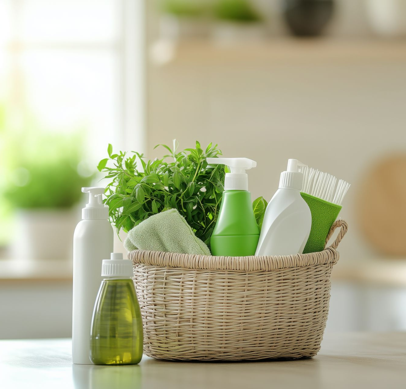 Panier de produits de nettoyage : flacons pulvérisateurs, éponges et plantes vertes sur un comptoir.