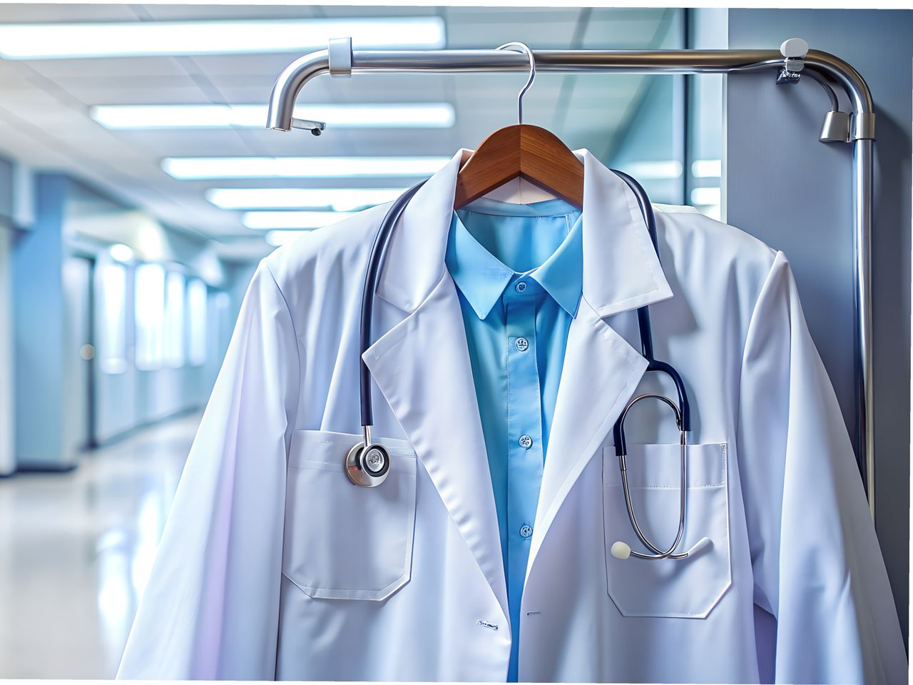 Une blouse blanche et un stéthoscope sont accrochés dans un couloir d'hôpital.