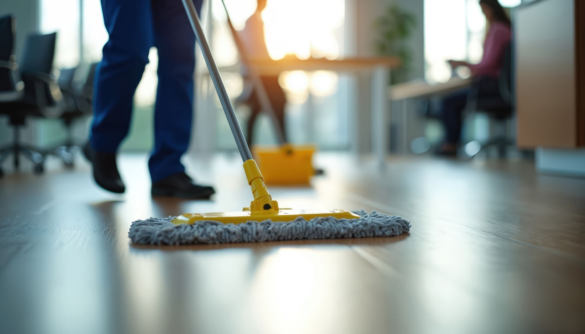 Une personne lave le sol d'un bureau en bois. Une tête de balai jaune est visible au premier plan.