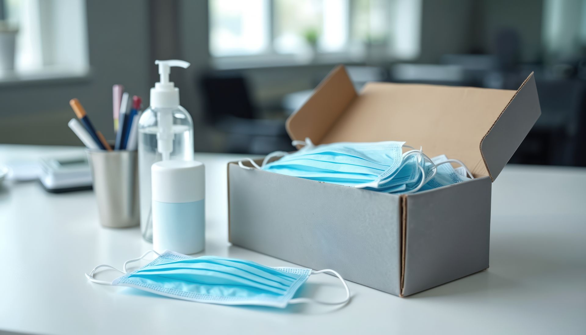 Une boîte de masques bleus, du gel hydroalcoolique et des stylos sur un bureau dans un environnement de bureau.