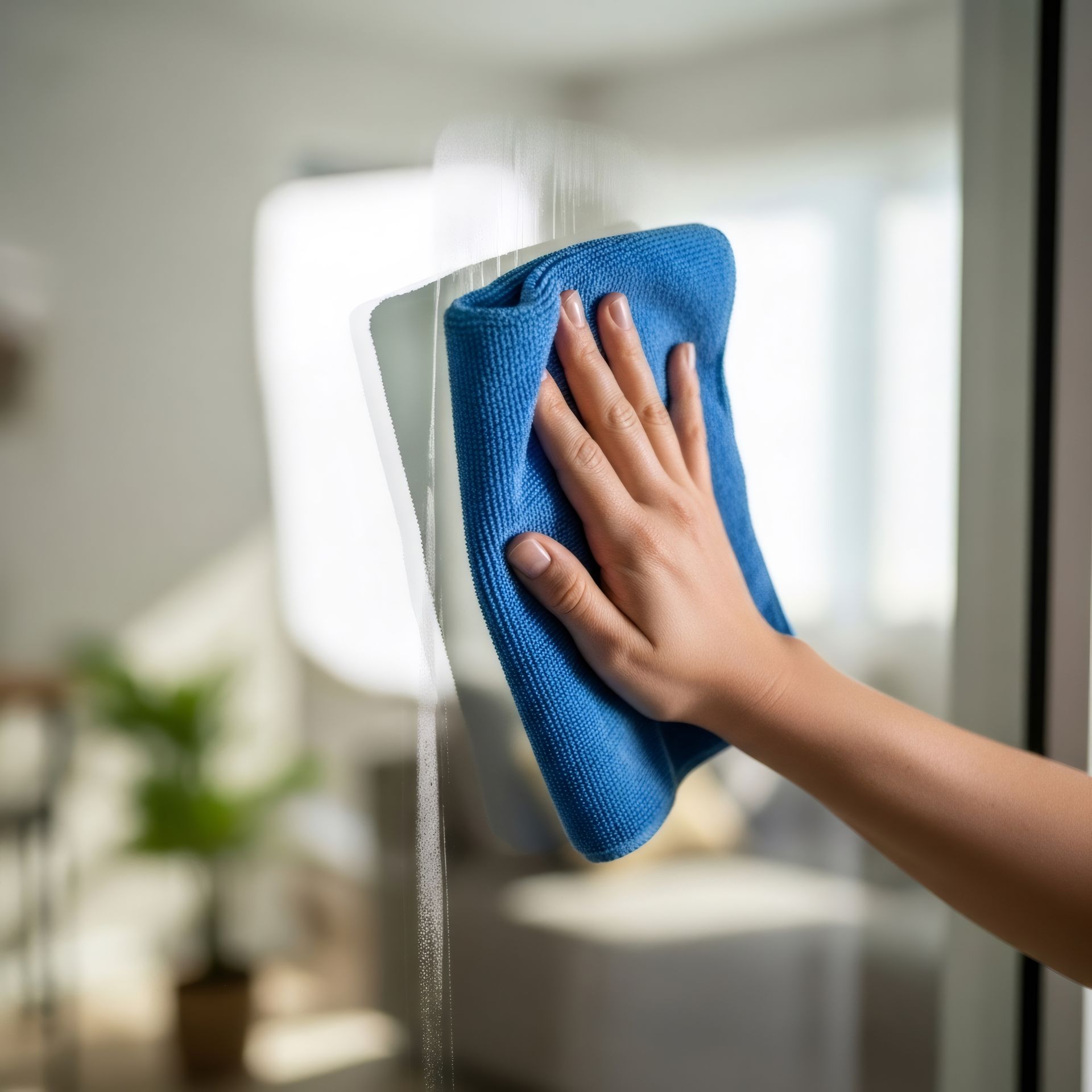 Nettoyage à la main d'une surface en verre à l'aide d'un chiffon en microfibre bleu.