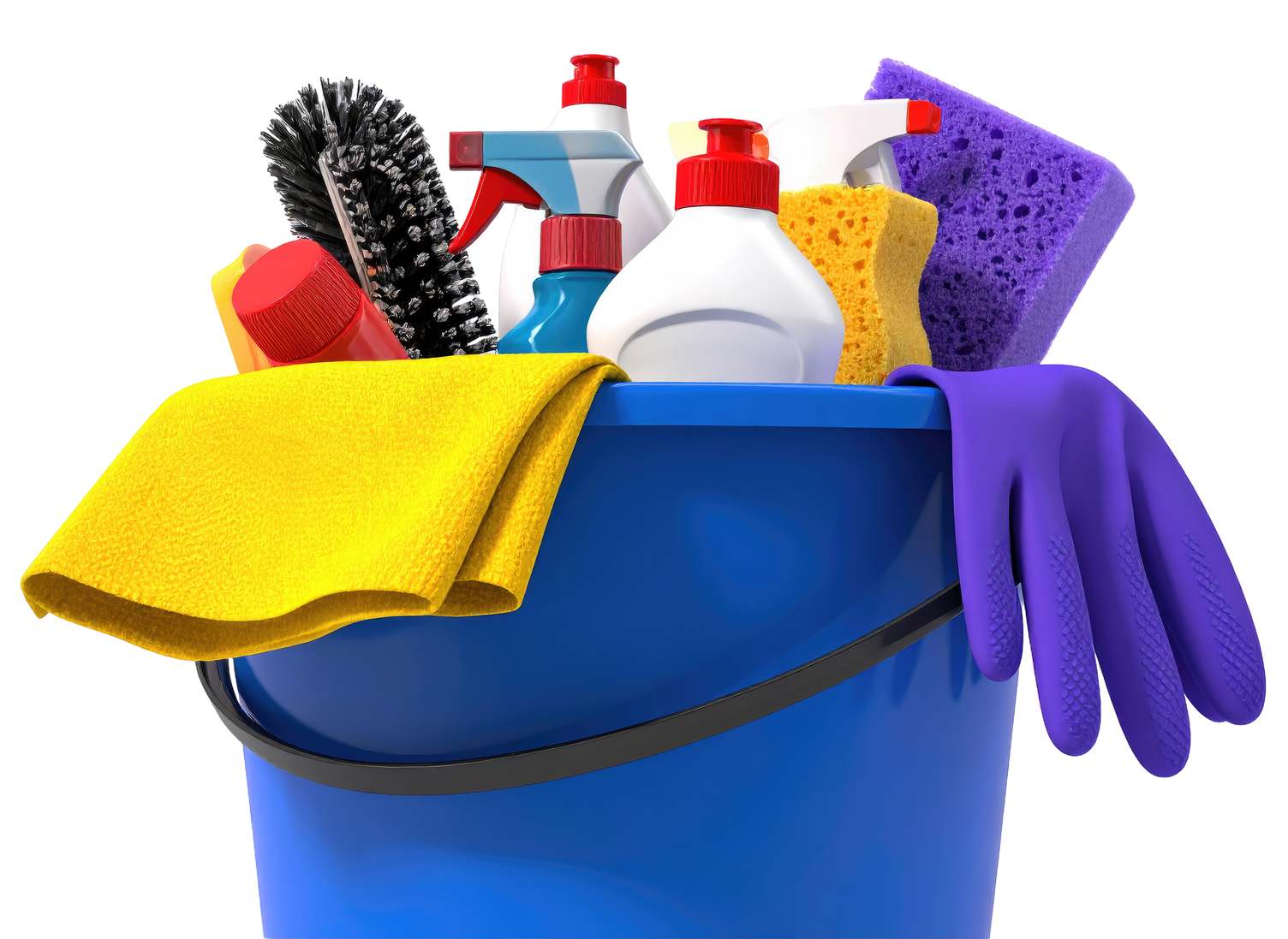 Un seau bleu débordant de produits de nettoyage : sprays, brosse à récurer, éponges, chiffons, gants.