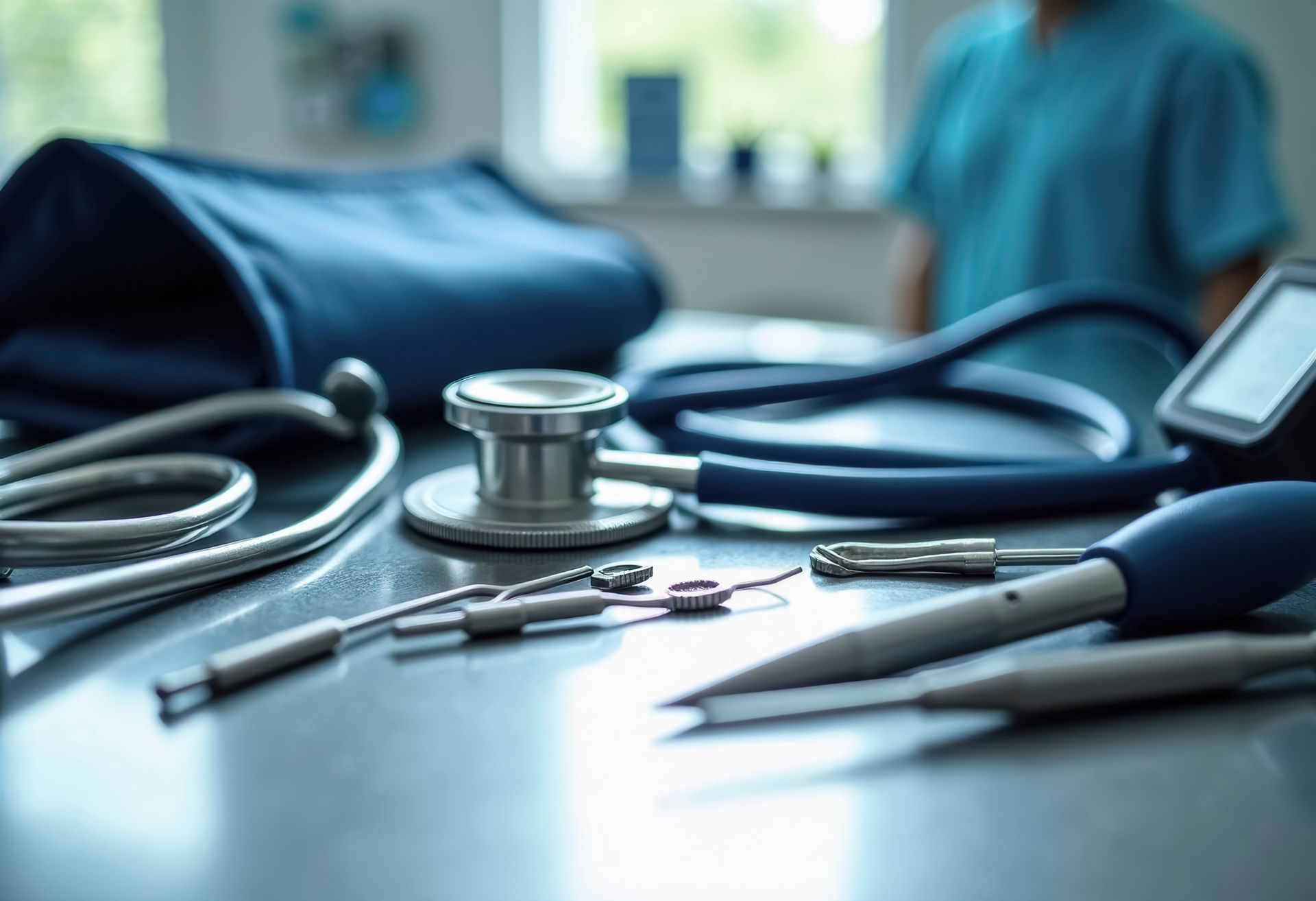 Matériel médical sur une table : stéthoscope, brassard de tensiomètre et instruments. Une personne vêtue de bleu est visible en arrière-plan.
