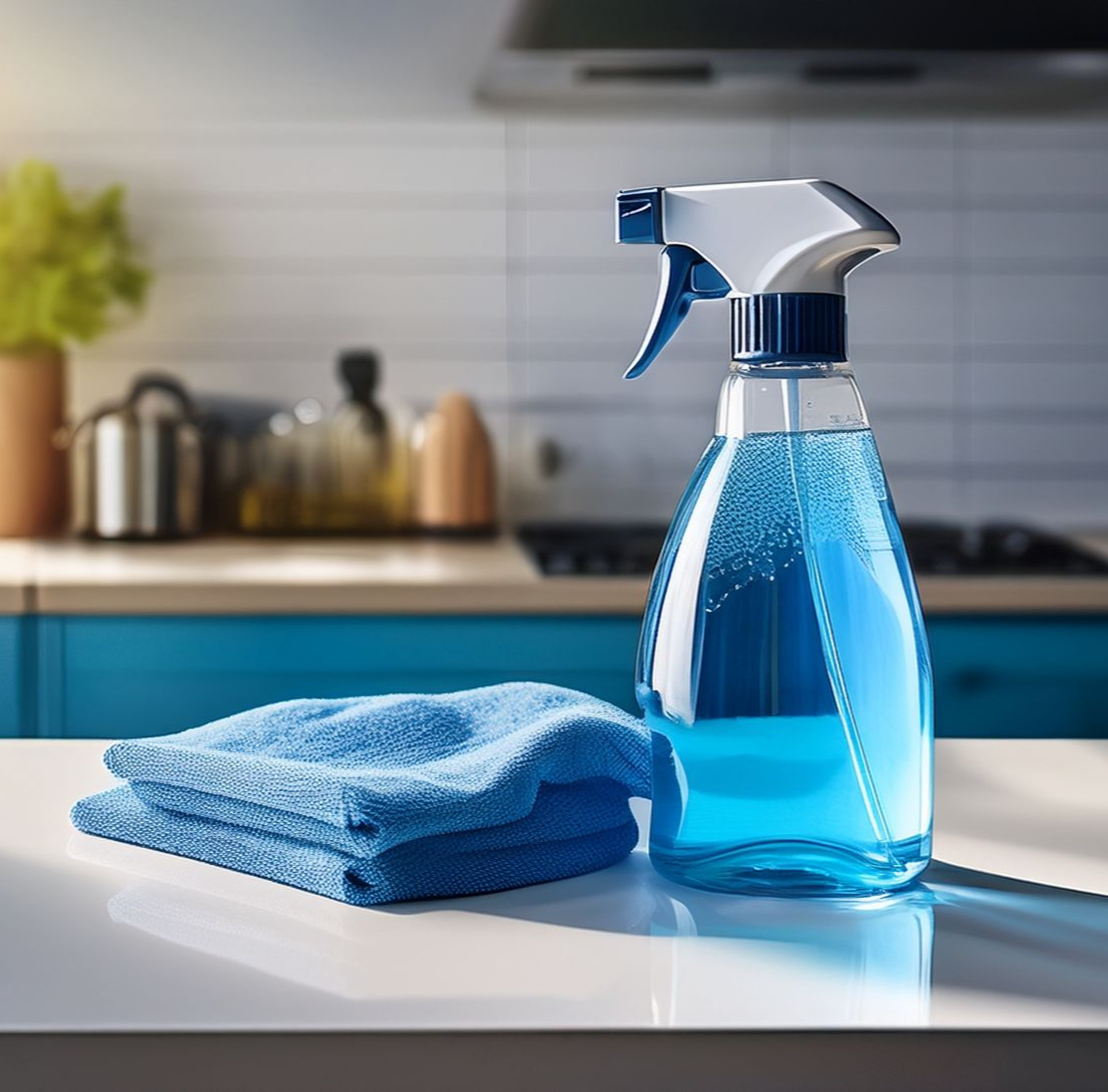 Un flacon pulvérisateur bleu et des chiffons sur un plan de travail dans une cuisine.