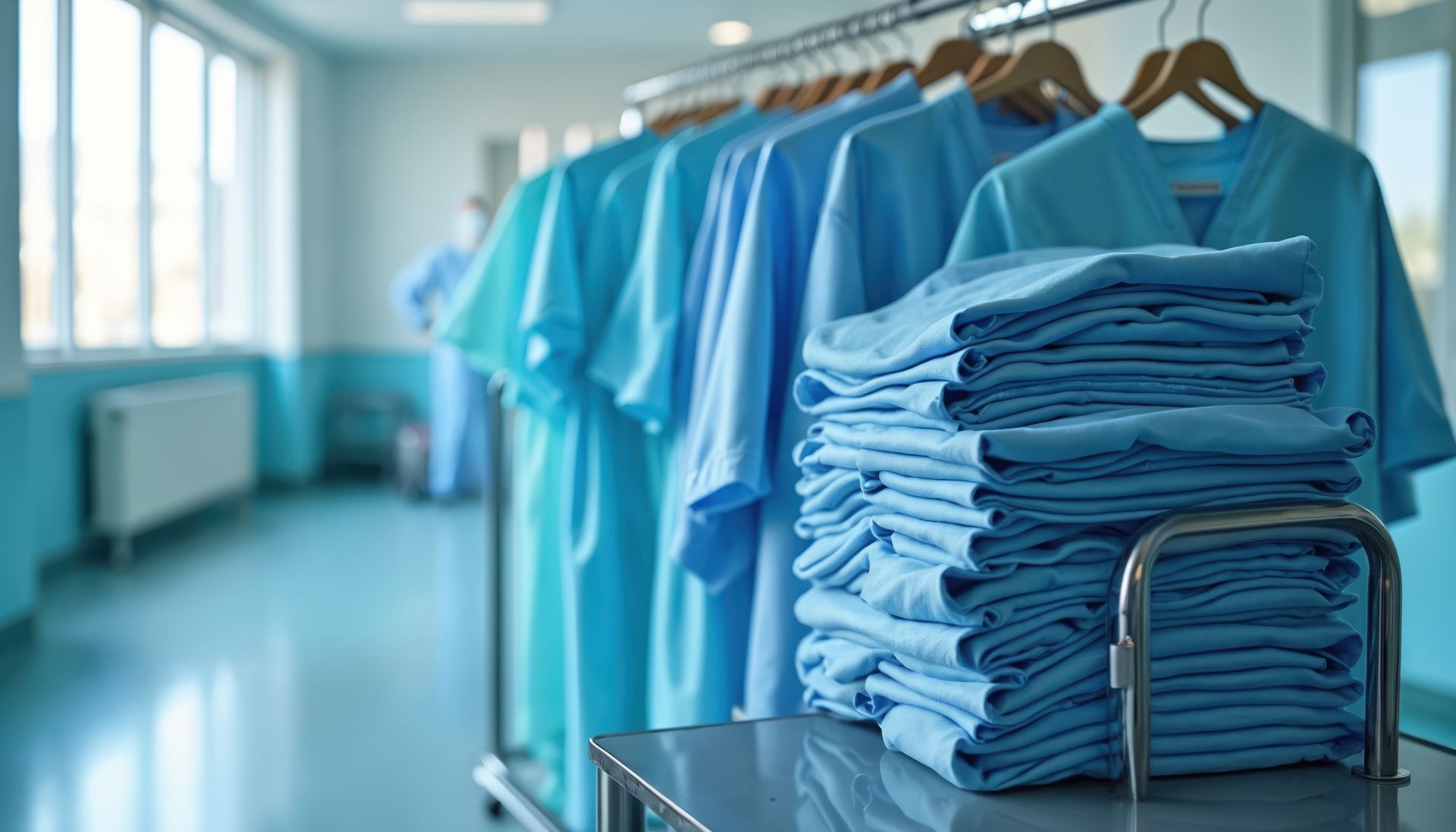 Des blouses d'hôpital bleu clair sont suspendues à un portant et empilées sur une table dans un couloir lumineux.
