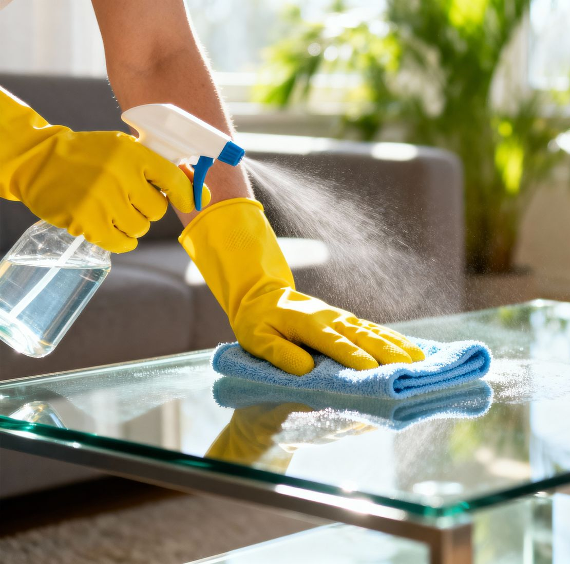 Une personne portant des gants jaunes vaporise et essuie une table en verre avec un chiffon bleu.