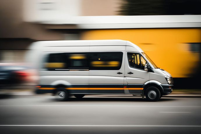 Furgoneta blanca circulando a toda velocidad por una calle, fondo borroso, probablemente transportando pasajeros.