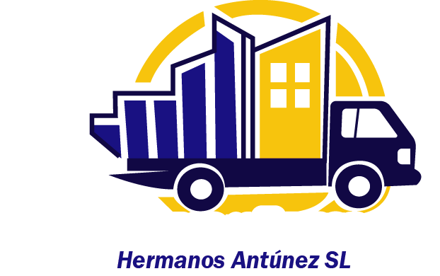 Logotipo de un camión con edificios estilizados; azul, amarillo y blanco. Texto: Hermanos Antúnez SL.