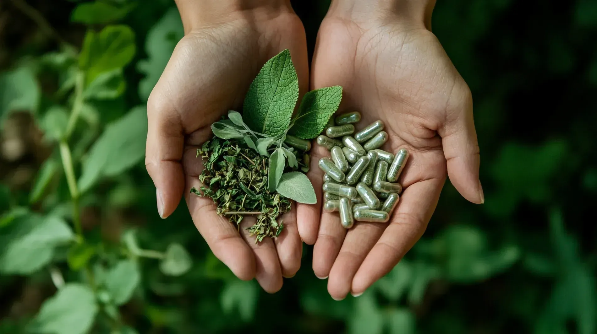 Manos sosteniendo hierbas y cápsulas, plantas verdes en el fondo.