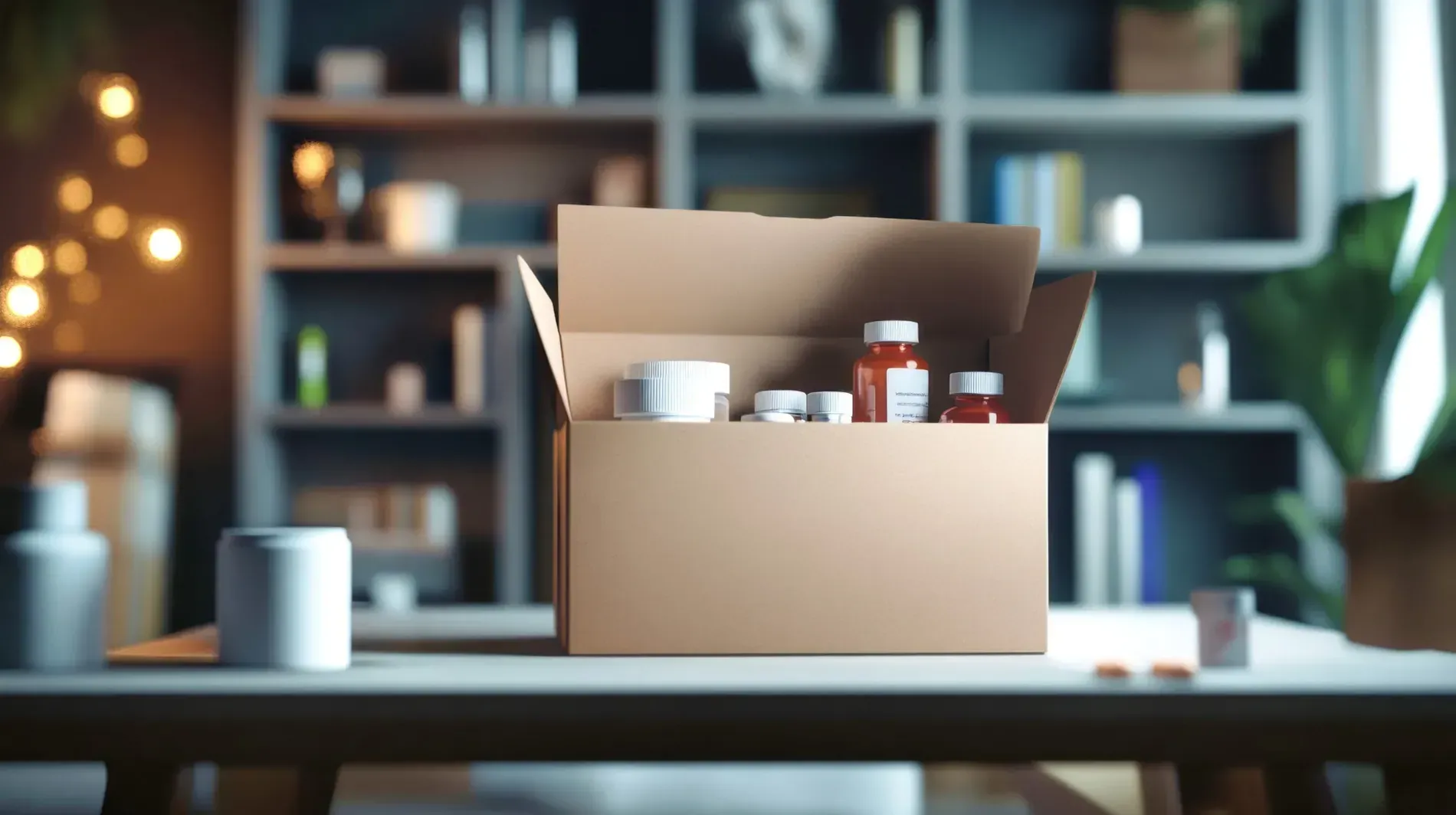 Caja de cartón sobre un escritorio con frascos de medicamentos. Fondo: estantería, guirnaldas de luces y plantas.