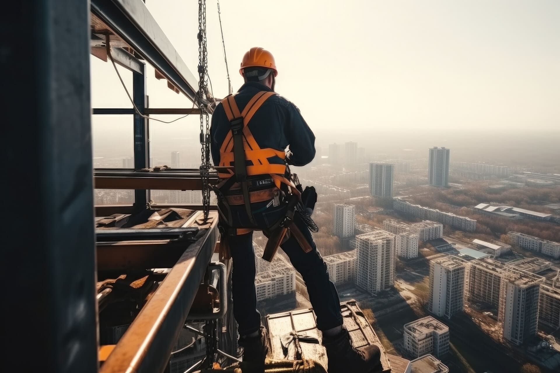 Obrero en un rascacielos, con vistas a la ciudad. Lleva arnés de seguridad y casco.