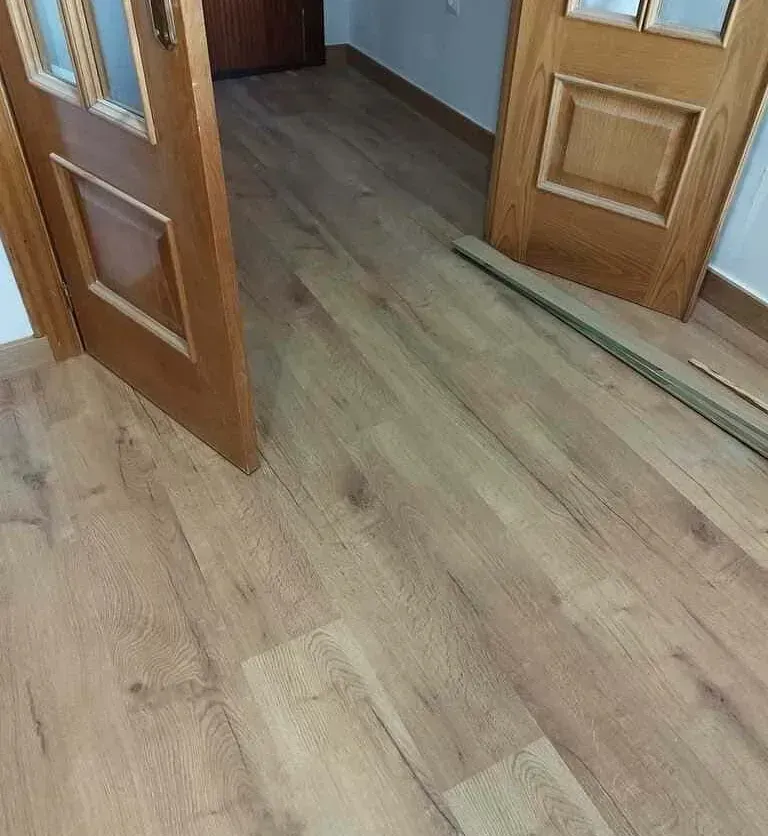 Suelo de madera con dos puertas marrones en un pasillo interior.