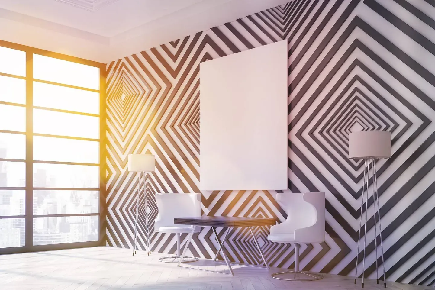 Una habitación con una pared de rayas blancas y negras y una mesa y sillas.