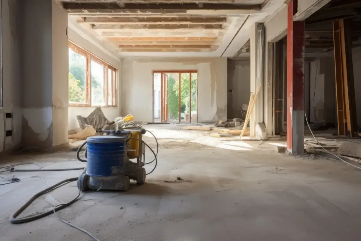 Interior de una habitación en construcción, con vigas a la vista, piso de concreto y equipo de construcción.